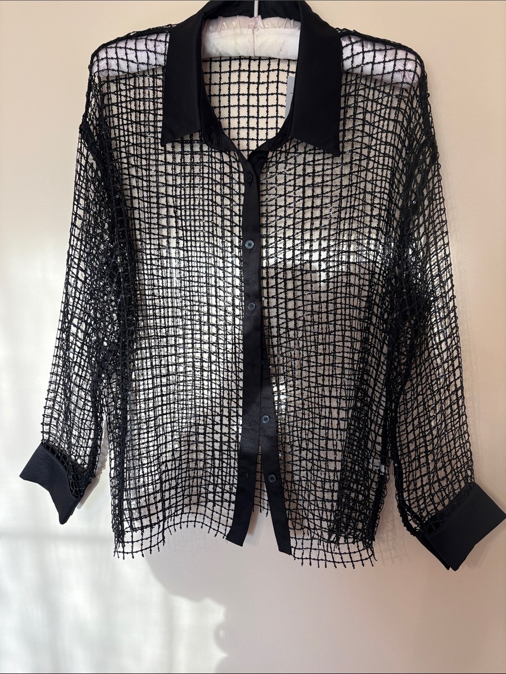 Black Sheer Grid Button-Front Shirt with Satin Trim